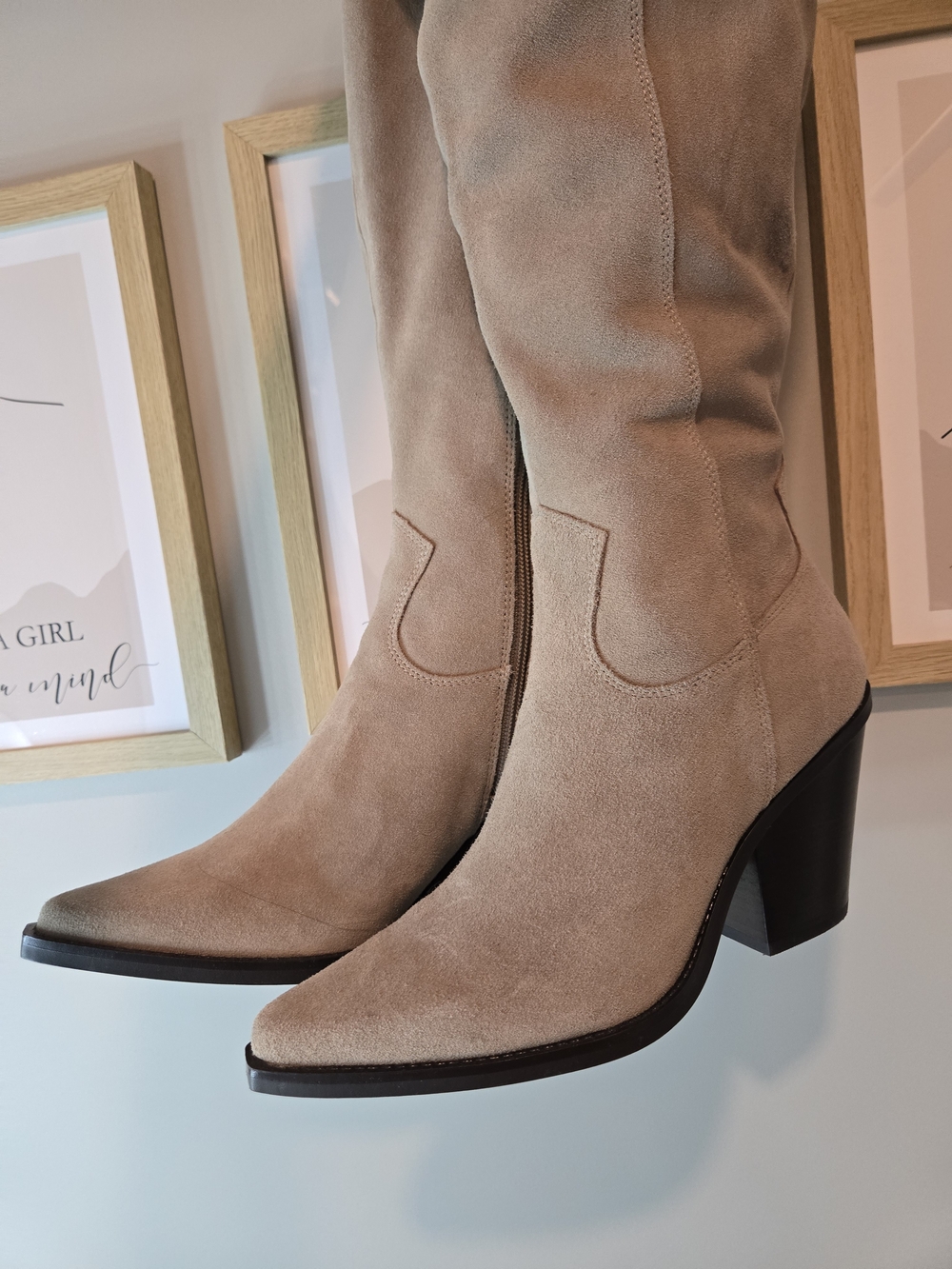 NWT Aldo Suede Knee-High Western Block Heel Boots - Beige *READ - Picture 15 of 16